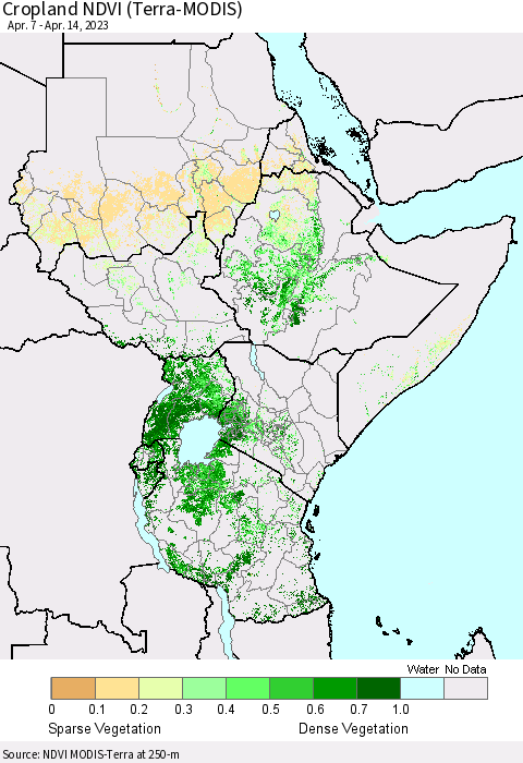 Eastern Africa Cropland NDVI (Terra-MODIS) Thematic Map For 4/7/2023 - 4/14/2023