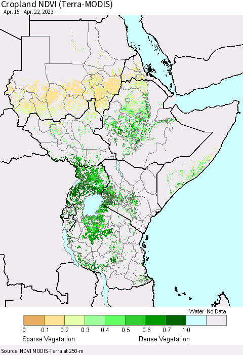 Eastern Africa Cropland NDVI (Terra-MODIS) Thematic Map For 4/15/2023 - 4/22/2023