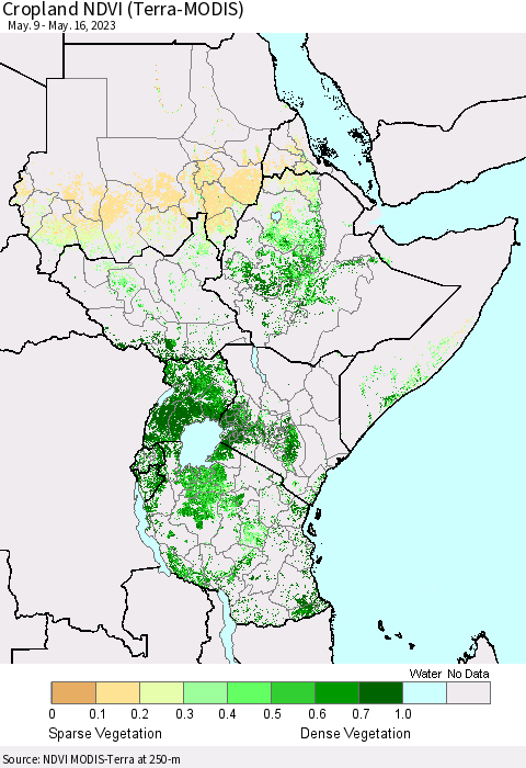 Eastern Africa Cropland NDVI (Terra-MODIS) Thematic Map For 5/9/2023 - 5/16/2023