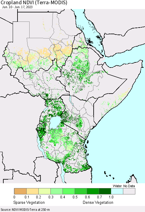 Eastern Africa Cropland NDVI (Terra-MODIS) Thematic Map For 6/10/2023 - 6/17/2023
