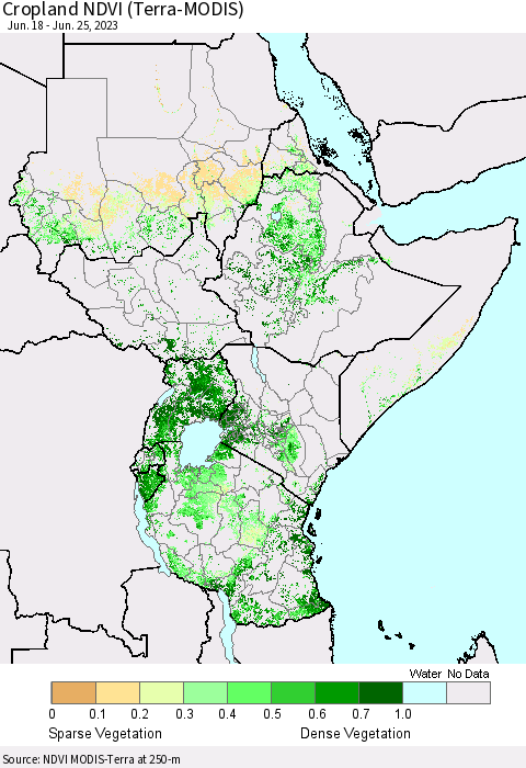 Eastern Africa Cropland NDVI (Terra-MODIS) Thematic Map For 6/18/2023 - 6/25/2023