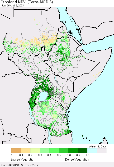 Eastern Africa Cropland NDVI (Terra-MODIS) Thematic Map For 6/26/2023 - 7/3/2023