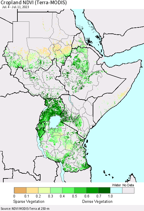 Eastern Africa Cropland NDVI (Terra-MODIS) Thematic Map For 7/4/2023 - 7/11/2023