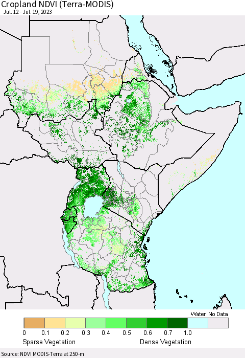 Eastern Africa Cropland NDVI (Terra-MODIS) Thematic Map For 7/12/2023 - 7/19/2023