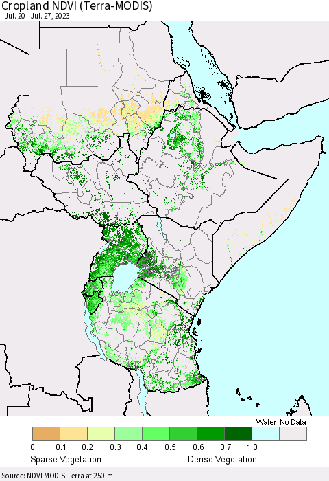 Eastern Africa Cropland NDVI (Terra-MODIS) Thematic Map For 7/20/2023 - 7/27/2023