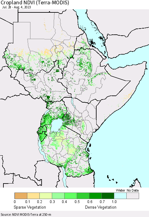 Eastern Africa Cropland NDVI (Terra-MODIS) Thematic Map For 7/28/2023 - 8/4/2023