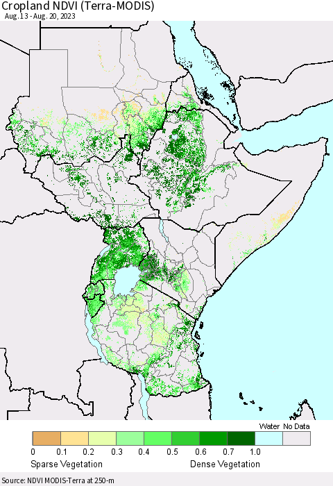 Eastern Africa Cropland NDVI (Terra-MODIS) Thematic Map For 8/13/2023 - 8/20/2023