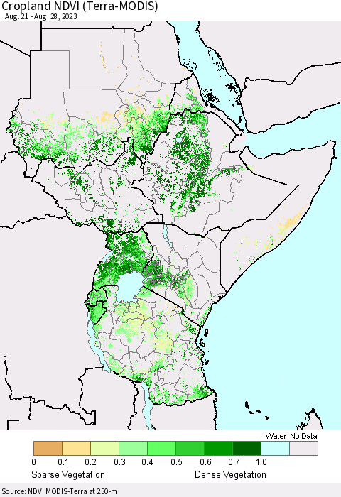 Eastern Africa Cropland NDVI (Terra-MODIS) Thematic Map For 8/21/2023 - 8/28/2023