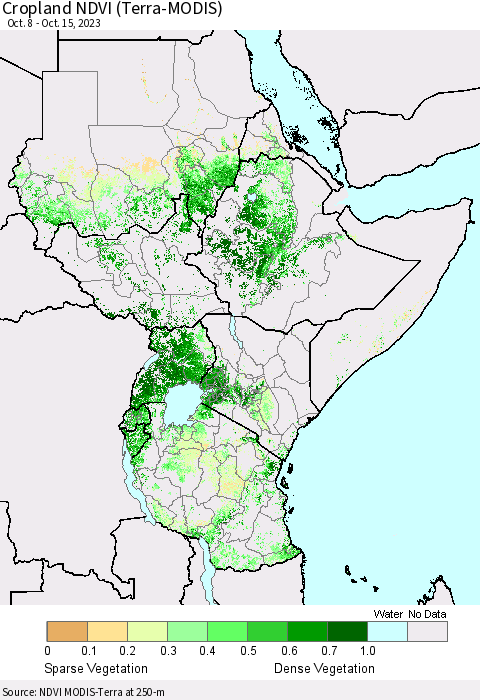 Eastern Africa Cropland NDVI (Terra-MODIS) Thematic Map For 10/8/2023 - 10/15/2023