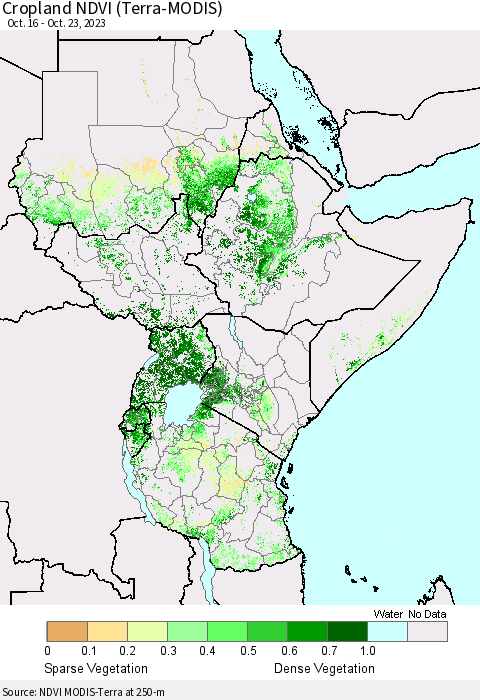Eastern Africa Cropland NDVI (Terra-MODIS) Thematic Map For 10/16/2023 - 10/23/2023