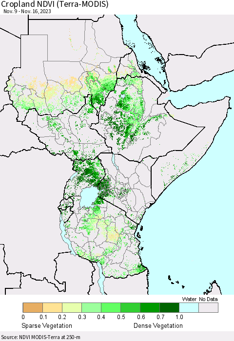 Eastern Africa Cropland NDVI (Terra-MODIS) Thematic Map For 11/9/2023 - 11/16/2023