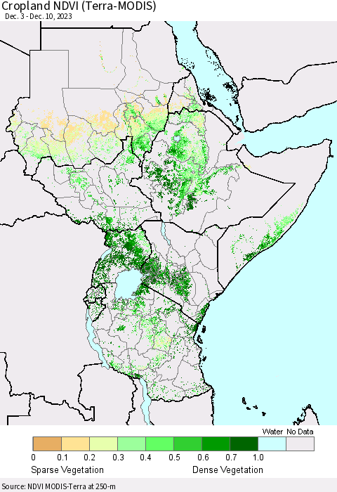 Eastern Africa Cropland NDVI (Terra-MODIS) Thematic Map For 12/3/2023 - 12/10/2023