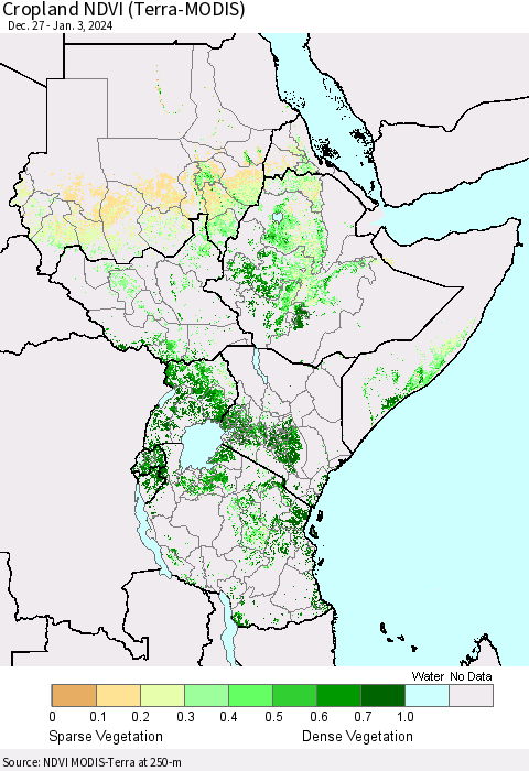 Eastern Africa Cropland NDVI (Terra-MODIS) Thematic Map For 12/27/2023 - 1/3/2024