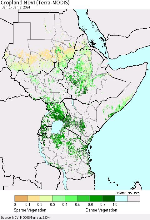 Eastern Africa Cropland NDVI (Terra-MODIS) Thematic Map For 1/1/2024 - 1/8/2024