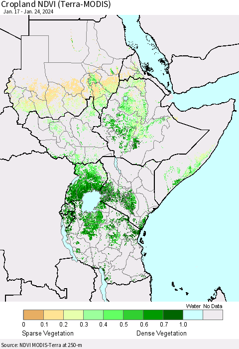 Eastern Africa Cropland NDVI (Terra-MODIS) Thematic Map For 1/17/2024 - 1/24/2024