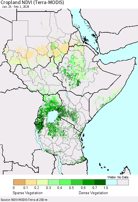 Eastern Africa Cropland NDVI (Terra-MODIS) Thematic Map For 1/25/2024 - 2/1/2024