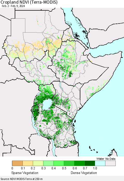 Eastern Africa Cropland NDVI (Terra-MODIS) Thematic Map For 2/2/2024 - 2/9/2024