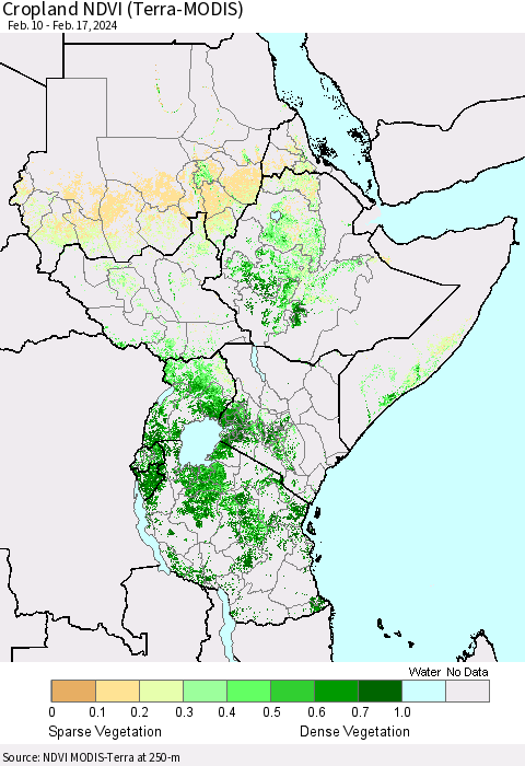Eastern Africa Cropland NDVI (Terra-MODIS) Thematic Map For 2/10/2024 - 2/17/2024