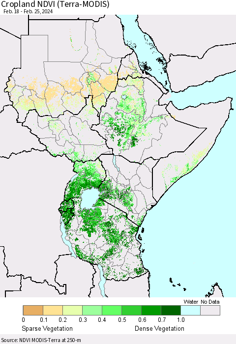 Eastern Africa Cropland NDVI (Terra-MODIS) Thematic Map For 2/18/2024 - 2/25/2024
