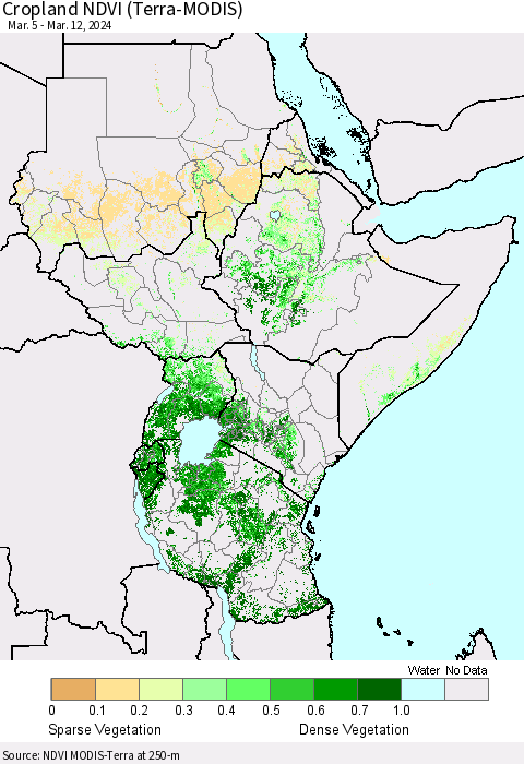 Eastern Africa Cropland NDVI (Terra-MODIS) Thematic Map For 3/5/2024 - 3/12/2024