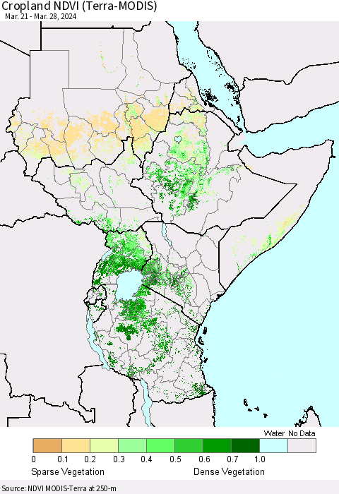 Eastern Africa Cropland NDVI (Terra-MODIS) Thematic Map For 3/21/2024 - 3/28/2024