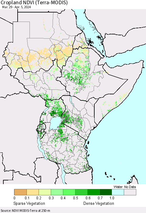Eastern Africa Cropland NDVI (Terra-MODIS) Thematic Map For 3/29/2024 - 4/5/2024