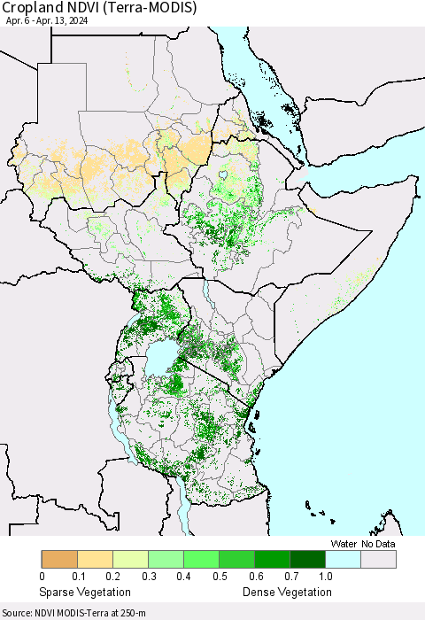 Eastern Africa Cropland NDVI (Terra-MODIS) Thematic Map For 4/6/2024 - 4/13/2024