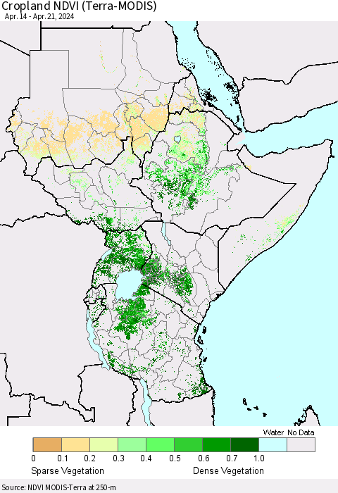 Eastern Africa Cropland NDVI (Terra-MODIS) Thematic Map For 4/14/2024 - 4/21/2024