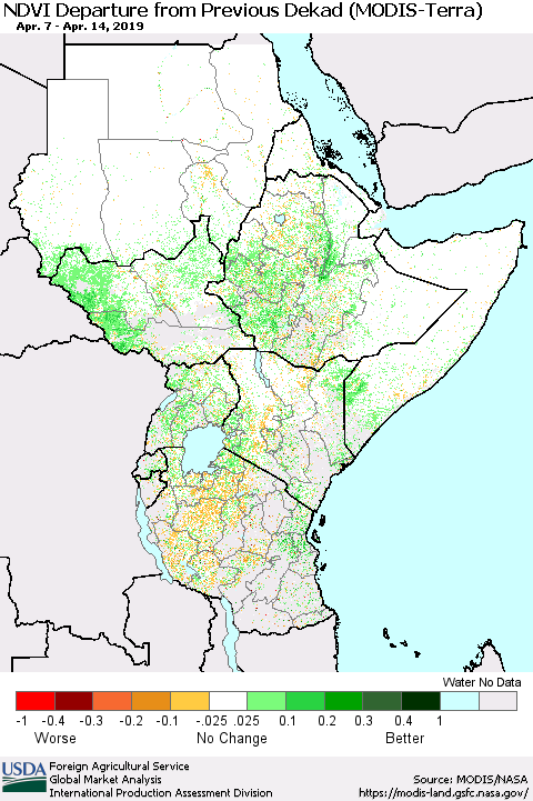 Eastern Africa NDVI Departure from Previous Dekad (Terra-MODIS) Thematic Map For 4/11/2019 - 4/20/2019