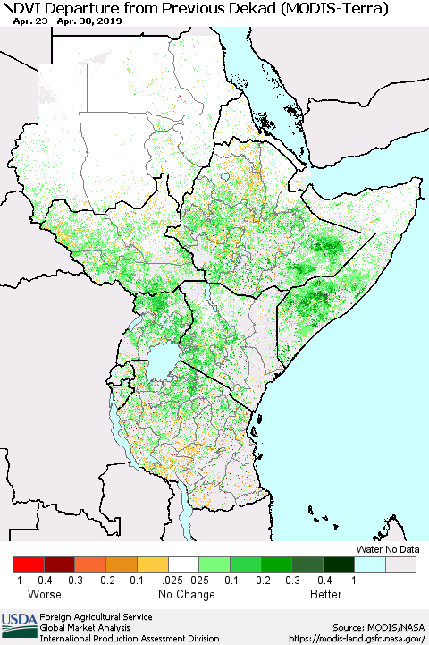 Eastern Africa NDVI Departure from Previous Dekad (Terra-MODIS) Thematic Map For 4/21/2019 - 4/30/2019