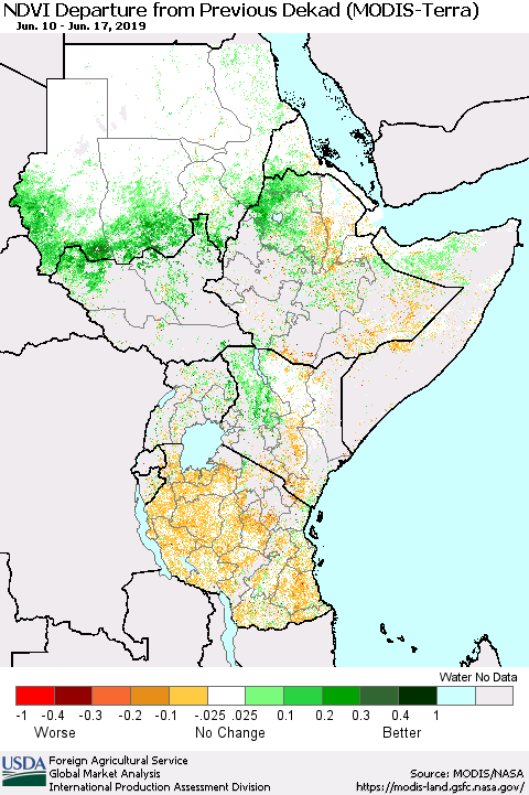 Eastern Africa NDVI Departure from Previous Dekad (Terra-MODIS) Thematic Map For 6/11/2019 - 6/20/2019