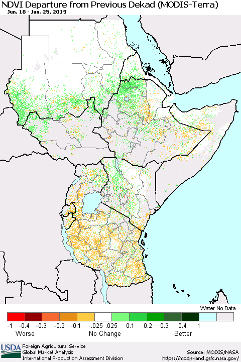 Eastern Africa NDVI Departure from Previous Dekad (Terra-MODIS) Thematic Map For 6/21/2019 - 6/30/2019