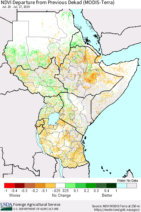 Eastern Africa NDVI Departure from Previous Dekad (Terra-MODIS) Thematic Map For 7/21/2019 - 7/31/2019
