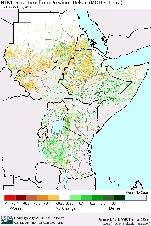 Eastern Africa NDVI Departure from Previous Dekad (Terra-MODIS) Thematic Map For 10/11/2019 - 10/20/2019