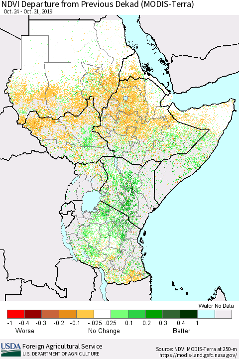 Eastern Africa NDVI Departure from Previous Dekad (Terra-MODIS) Thematic Map For 10/21/2019 - 10/31/2019