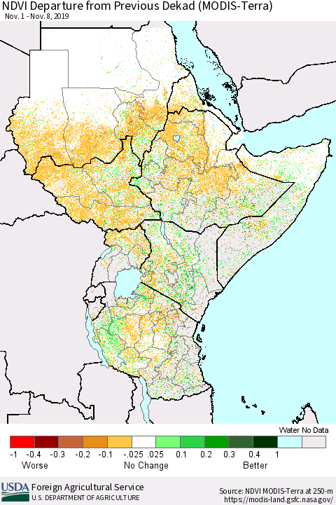 Eastern Africa NDVI Departure from Previous Dekad (Terra-MODIS) Thematic Map For 11/1/2019 - 11/10/2019