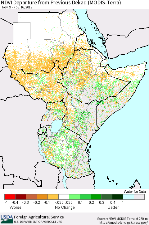 Eastern Africa NDVI Departure from Previous Dekad (Terra-MODIS) Thematic Map For 11/11/2019 - 11/20/2019