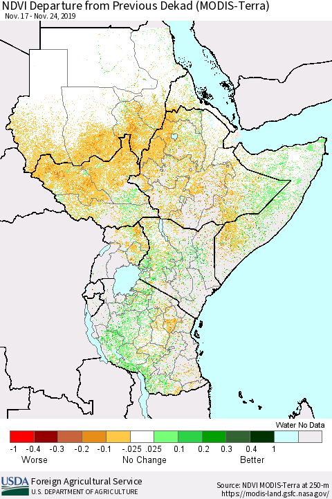 Eastern Africa NDVI Departure from Previous Dekad (Terra-MODIS) Thematic Map For 11/21/2019 - 11/30/2019