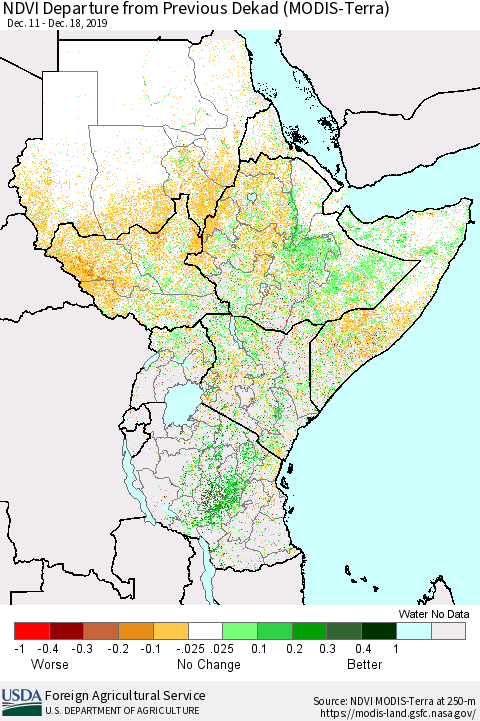 Eastern Africa NDVI Departure from Previous Dekad (Terra-MODIS) Thematic Map For 12/11/2019 - 12/20/2019