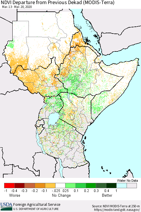 Eastern Africa NDVI Departure from Previous Dekad (Terra-MODIS) Thematic Map For 3/11/2020 - 3/20/2020