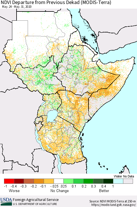 Eastern Africa NDVI Departure from Previous Dekad (Terra-MODIS) Thematic Map For 5/21/2020 - 5/31/2020