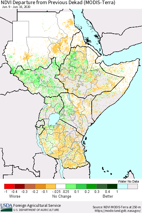 Eastern Africa NDVI Departure from Previous Dekad (Terra-MODIS) Thematic Map For 6/11/2020 - 6/20/2020