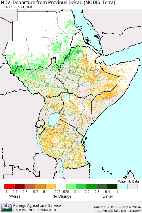 Eastern Africa NDVI Departure from Previous Dekad (Terra-MODIS) Thematic Map For 6/21/2020 - 6/30/2020