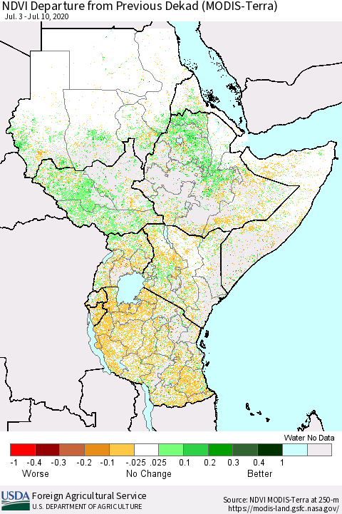 Eastern Africa NDVI Departure from Previous Dekad (Terra-MODIS) Thematic Map For 7/1/2020 - 7/10/2020