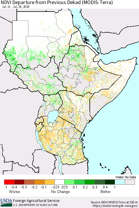 Eastern Africa NDVI Departure from Previous Dekad (Terra-MODIS) Thematic Map For 7/11/2020 - 7/20/2020