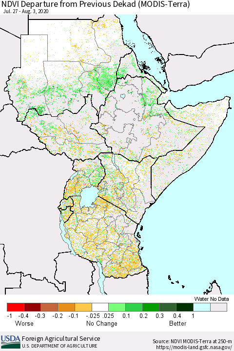 Eastern Africa NDVI Departure from Previous Dekad (Terra-MODIS) Thematic Map For 8/1/2020 - 8/10/2020