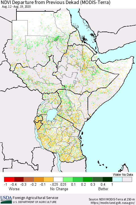 Eastern Africa NDVI Departure from Previous Dekad (Terra-MODIS) Thematic Map For 8/11/2020 - 8/20/2020