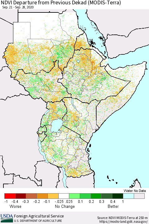 Eastern Africa NDVI Departure from Previous Dekad (Terra-MODIS) Thematic Map For 9/21/2020 - 9/30/2020
