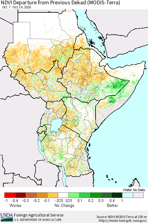 Eastern Africa NDVI Departure from Previous Dekad (MODIS-Terra) Thematic Map For 10/11/2020 - 10/20/2020