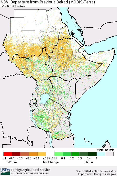 Eastern Africa NDVI Departure from Previous Dekad (Terra-MODIS) Thematic Map For 11/1/2020 - 11/10/2020